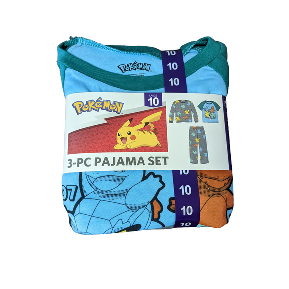 Pokemon 3 piece Pajama Set Large 10 Blue Gray Kids 2 Tops 1 Pants Sleep Pj Night - Picture 1 of 8